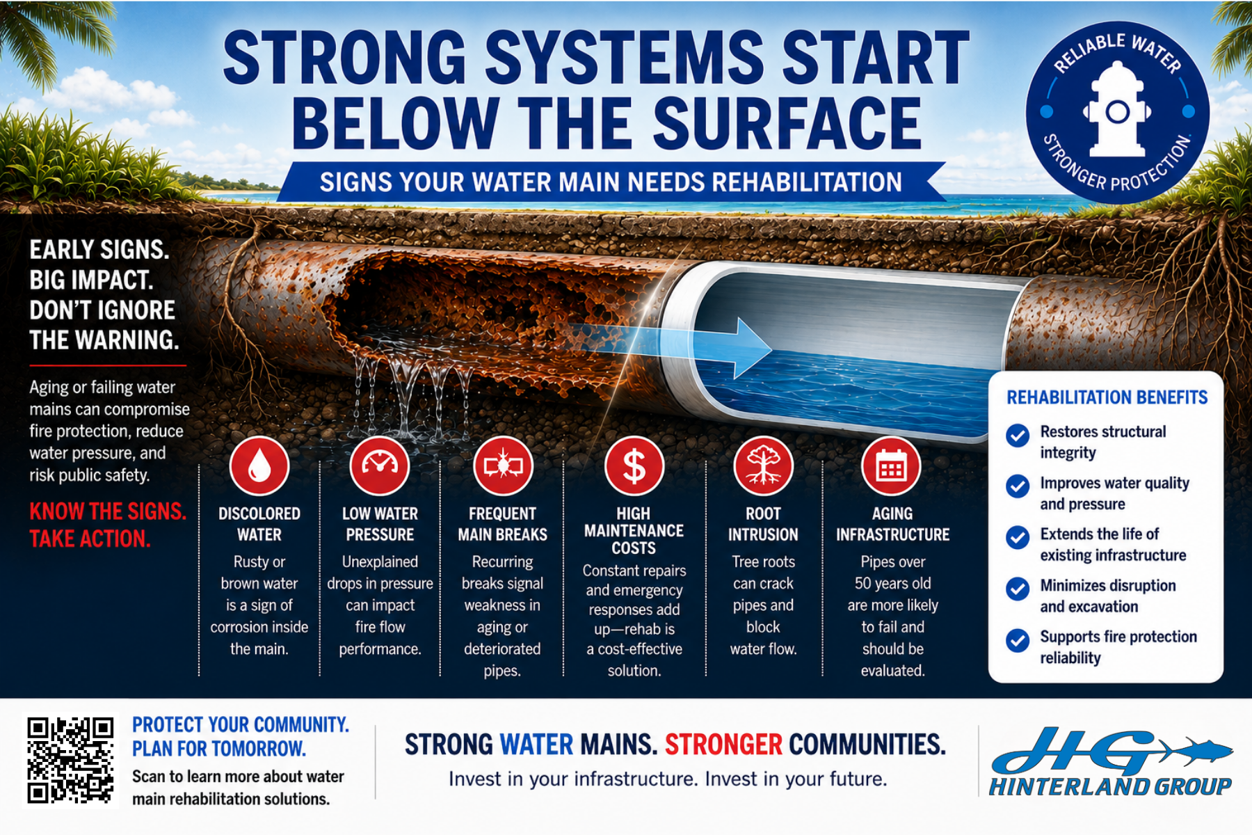 Banner announcing water main rehabilitation with a cutaway pipe showing rust and flowing water, highlighting aging infrastructure and warning signs.